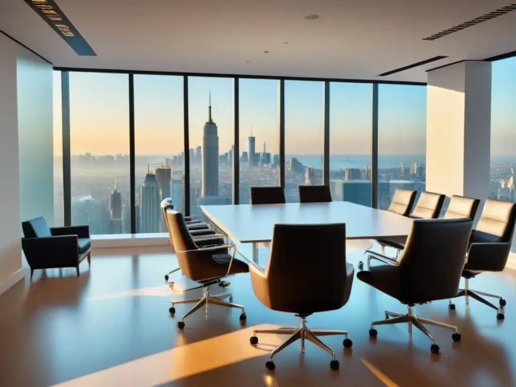Oficina moderna de lujo con vista a la ciudad para discusiones estratégicas fiscales internacionales Oficina moderna de lujo con vistas a la ciudad, mesa de juntas rodeada de tratados fiscales, informes financieros y acuerdos de inversión