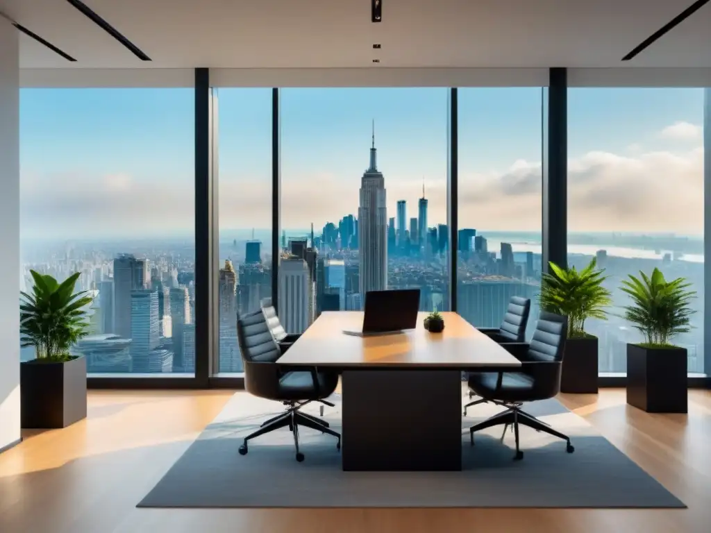 Oficina de lujo con vista urbana: modernidad y elegancia Oficina moderna de lujo con vistas a la ciudad, mobiliario minimalista y plantas verdes