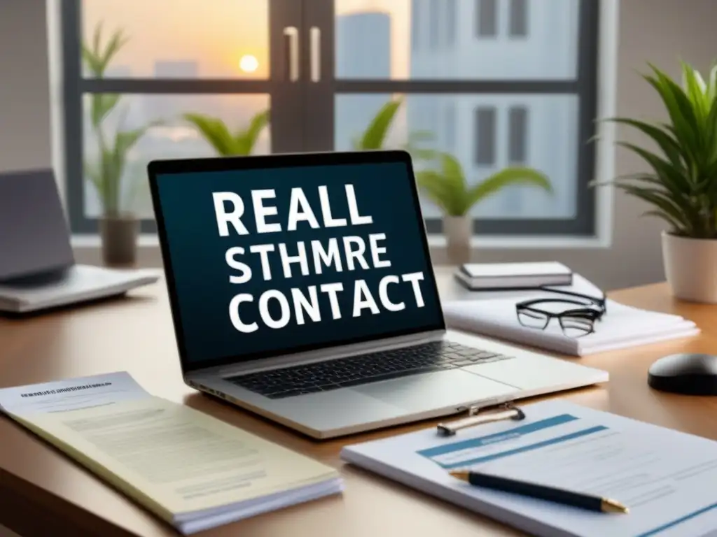 Elegante escritorio de oficina para interpretar contrato inmobiliario Oficina moderna lujosa con contrato bienes raíces en laptop