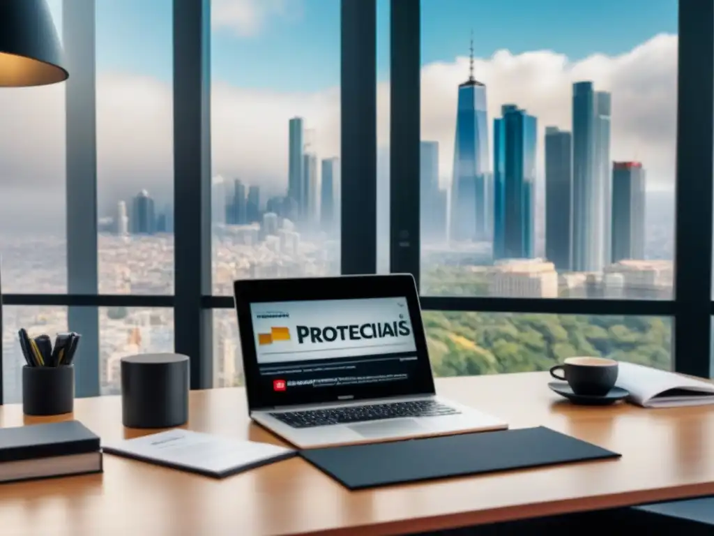 Oficina de lujo: Protección de Datos en Transacciones Inmobiliarias Oficina moderna y lujosa con laptop y revistas inmobiliarias, transmitiendo profesionalismo y 'Protección datos transacciones inmobiliarias'