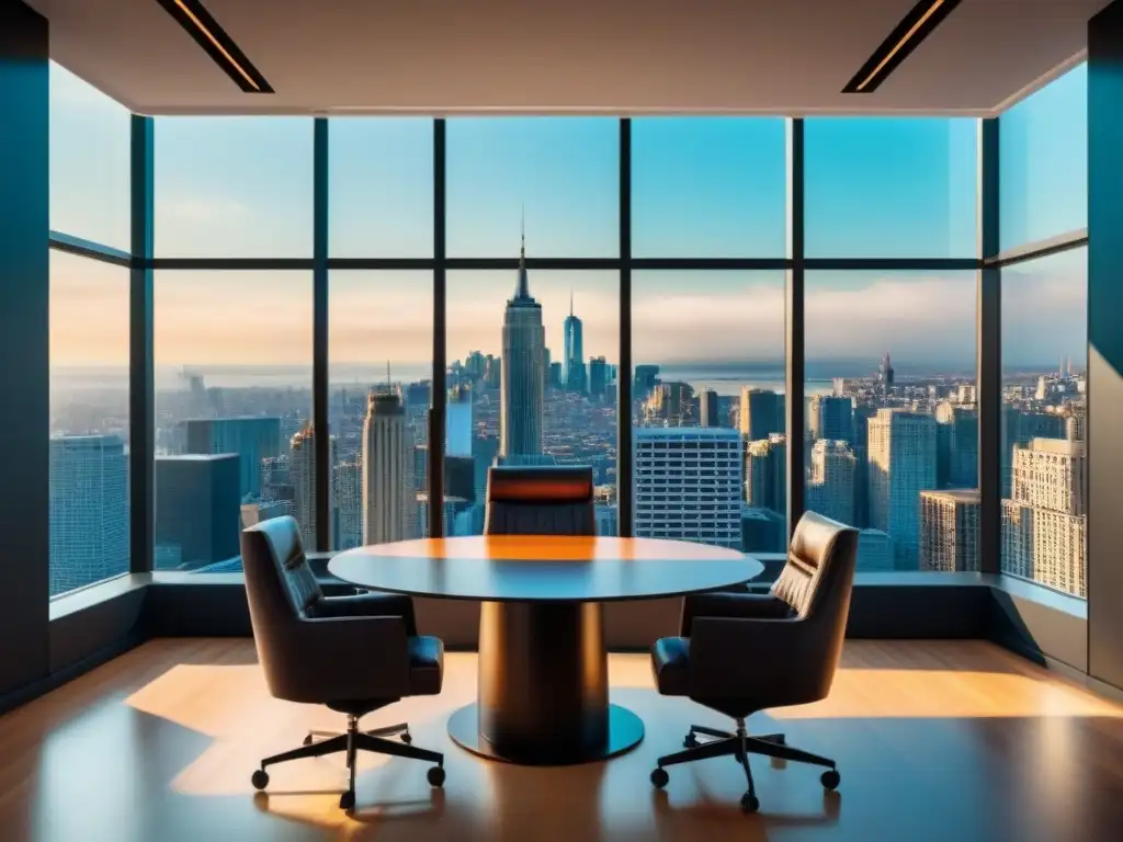 Oficina de lujo con diseño moderno y vistas a la ciudad Oficina moderna lujosa con mobiliario contemporáneo, mesa de conferencias brillante y vista a la ciudad