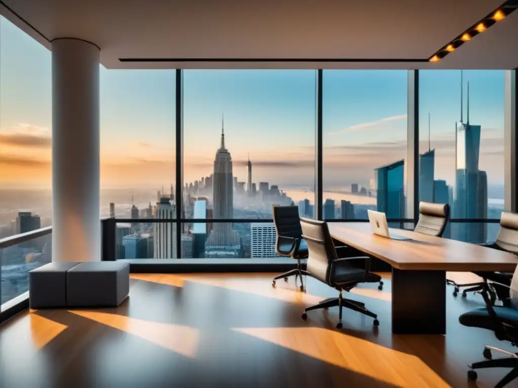 Oficina moderna de lujo con vistas a la ciudad y agente inmobiliario Una oficina moderna y lujosa con vista a la ciudad y agentes inmobiliarios consultando con clientes