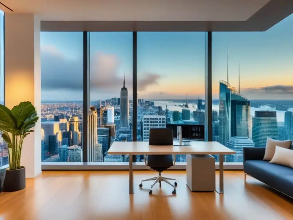 Oficina de lujo con vista urbana y mapa mundial Oficina moderna y lujosa con vista a la ciudad, mobiliario contemporáneo, mapa mundial y oportunidades de inversión en finca raíz extranjera