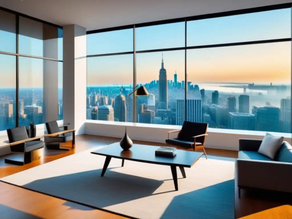 Oficina moderna de lujo con vistas a la ciudad y arte abstracto Oficina moderna y lujosa con vista a la ciudad, ideal para discusiones financieras sobre protección financiera en inversiones inmobiliarias