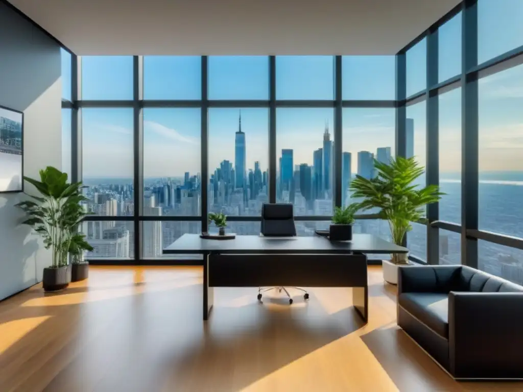 Oficina moderna de lujo con vistas a la ciudad y diseño elegante Oficina moderna y lujosa con vista a la ciudad, muebles contemporáneos y plantas verdes