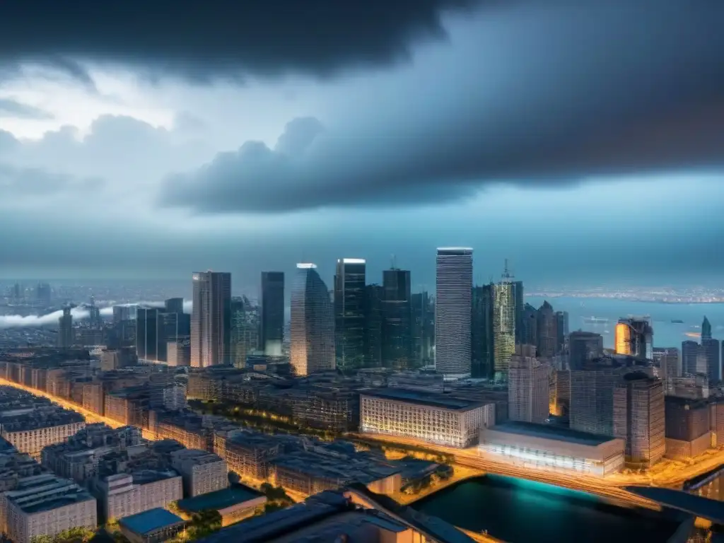Edificio de oficinas en la ciudad: desafíos económicos en recesión Oficina moderna en medio de la ciudad bajo un cielo tormentoso, reflejando desafíos en Inversión inmobiliaria en recesiones económicas
