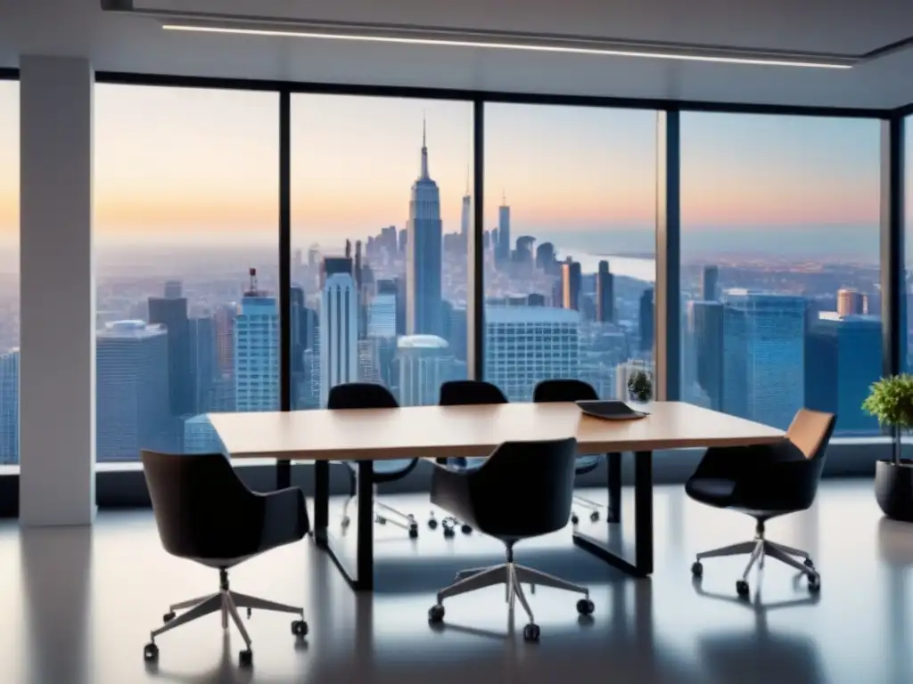 Oficina moderna con vista panorámica: productividad y profesionalismo Oficina moderna con mobiliario minimalista, ventanales y vista a la ciudad