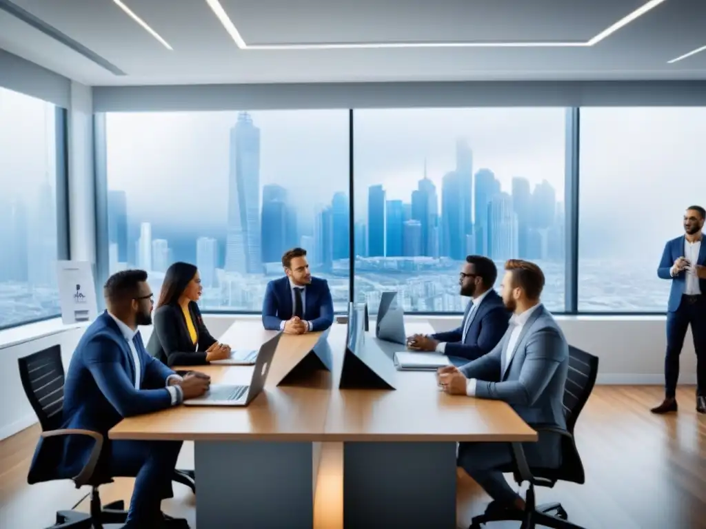 Brainstorming estratégico en oficina moderna: seguro comercial Una oficina moderna donde profesionales colaboran en un brainstorming sobre seguros de propiedades comerciales
