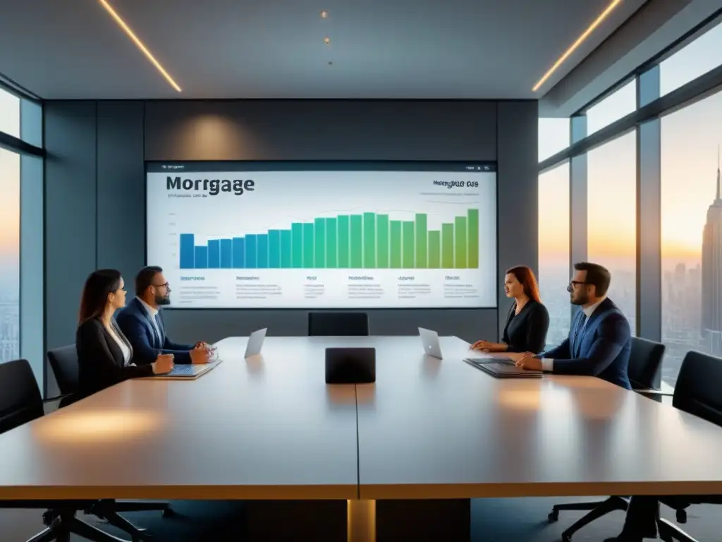 Una oficina moderna con profesionales diversos en una reunión sobre manejo eficiente de deuda hipotecaria