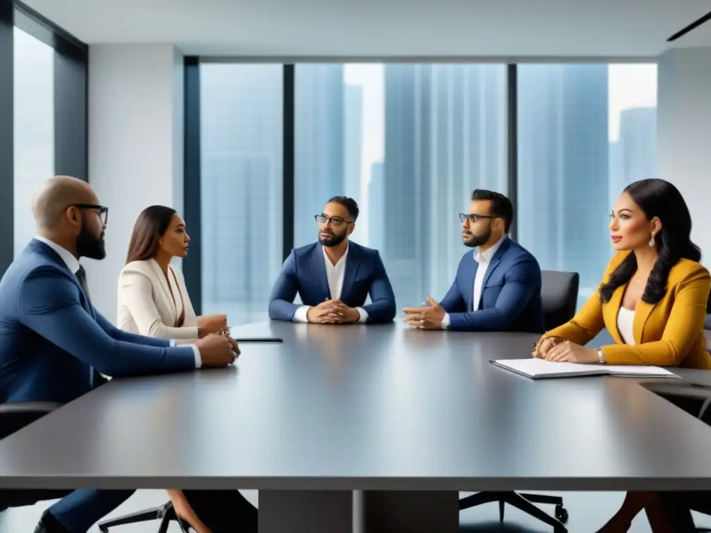 Profesionales inmobiliarios éticos en colaboración Una oficina moderna donde profesionales inmobiliarios diversos discuten éticamente