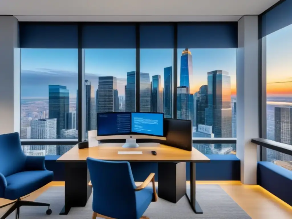 Oficina moderna en rascacielos: vista panorámica, gráficos financieros y motivación Oficina moderna en rascacielos con software contabilidad agencia inmobiliaria