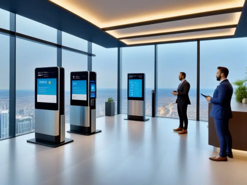Oficina futurista en rascacielos con tecnología y luz natural Oficina moderna con automatización en el sector inmobiliario, muebles futuristas y gran pantalla digital mostrando tendencias del mercado inmobiliario
