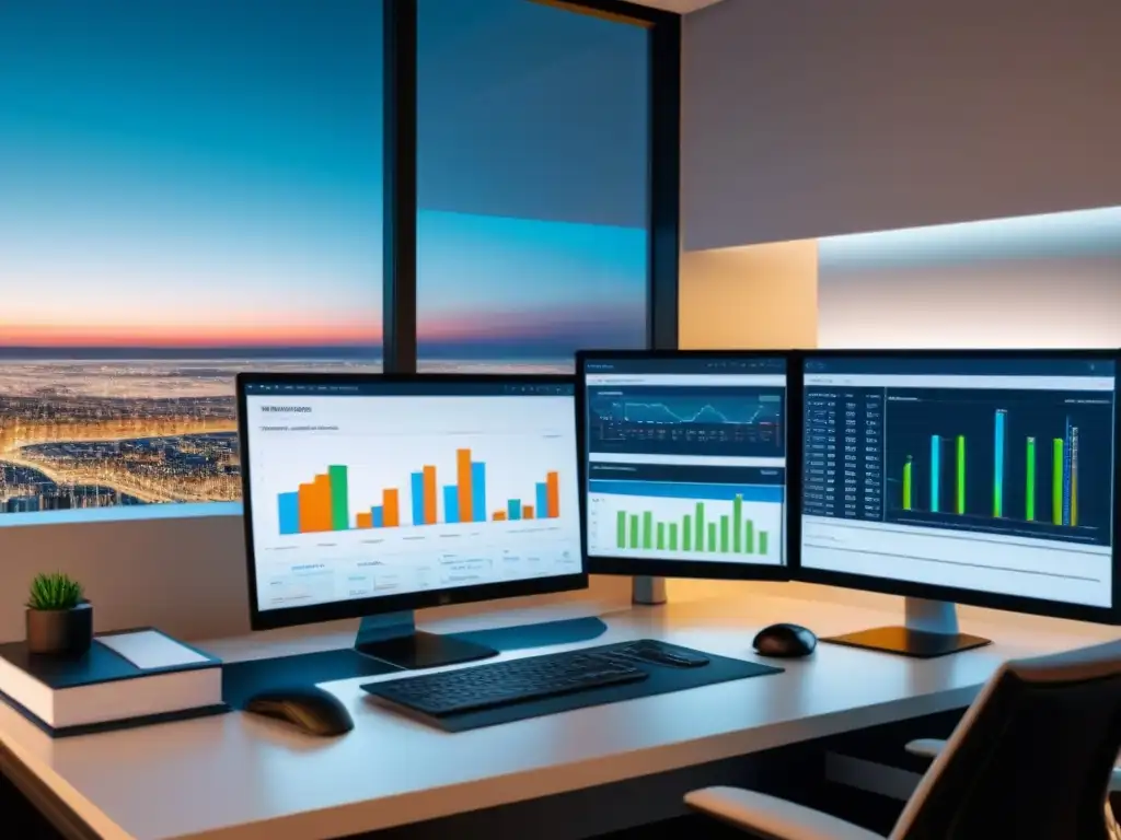 Oficina moderna con software de análisis financiero inmobiliario Oficina moderna con software análisis financiero inversiones inmobiliarias en pantalla de alta gama