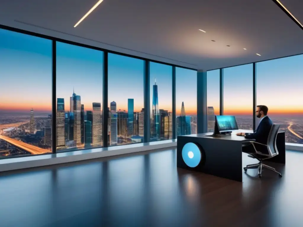Oficina futurista con tecnología avanzada y vista urbana Una oficina moderna con tecnología avanzada, mostrando gráficos de mercado inmobiliario en pantallas y tabletas