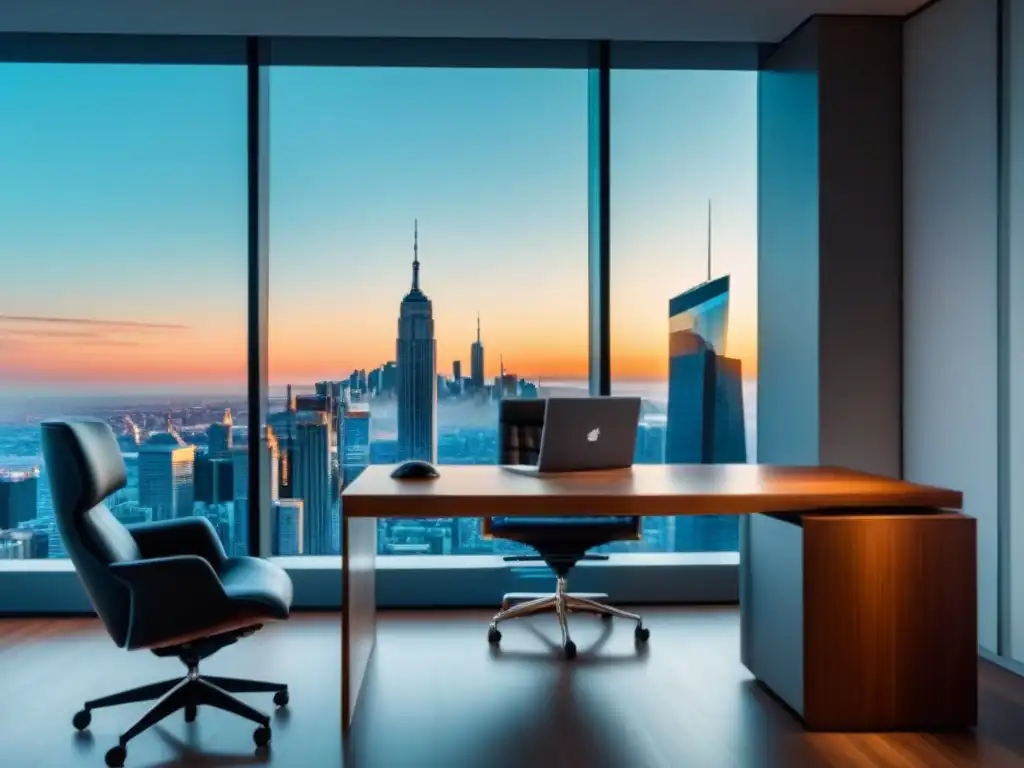 Oficina moderna con vista panorámica a la ciudad y financiamiento sintético Oficina moderna con ventana panorámica y muebles elegantes, ideal para presentar Ventajas financiación sintética inmuebles