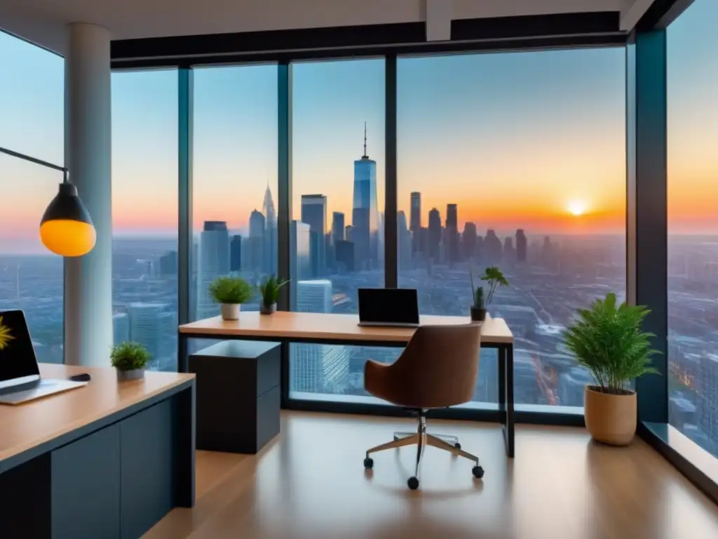 Oficina moderna con vistas a la ciudad: espacio profesional y acogedor Oficina moderna con ventanas panorámicas, muebles contemporáneos y certificado de ética
