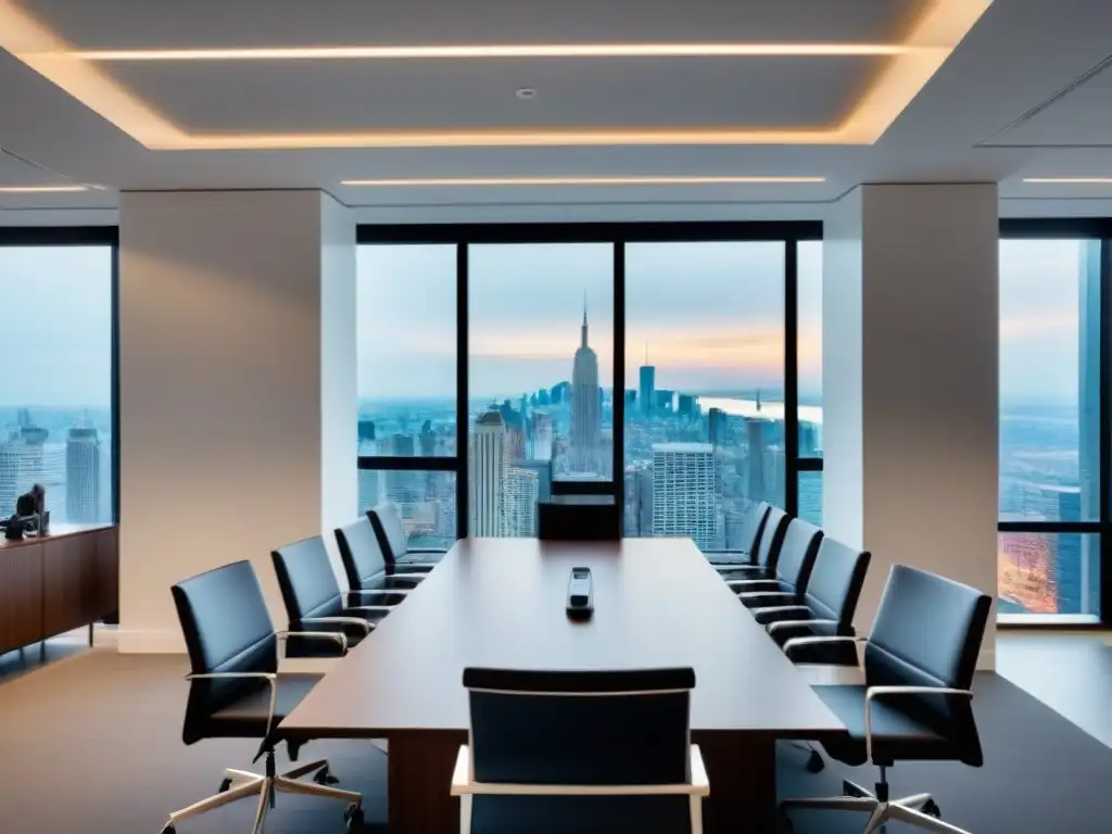 Oficina moderna y vibrante: profesionales colaborando con éxito Oficina moderna y vibrante con profesionales colaborando en una reunión productiva, vista a la ciudad