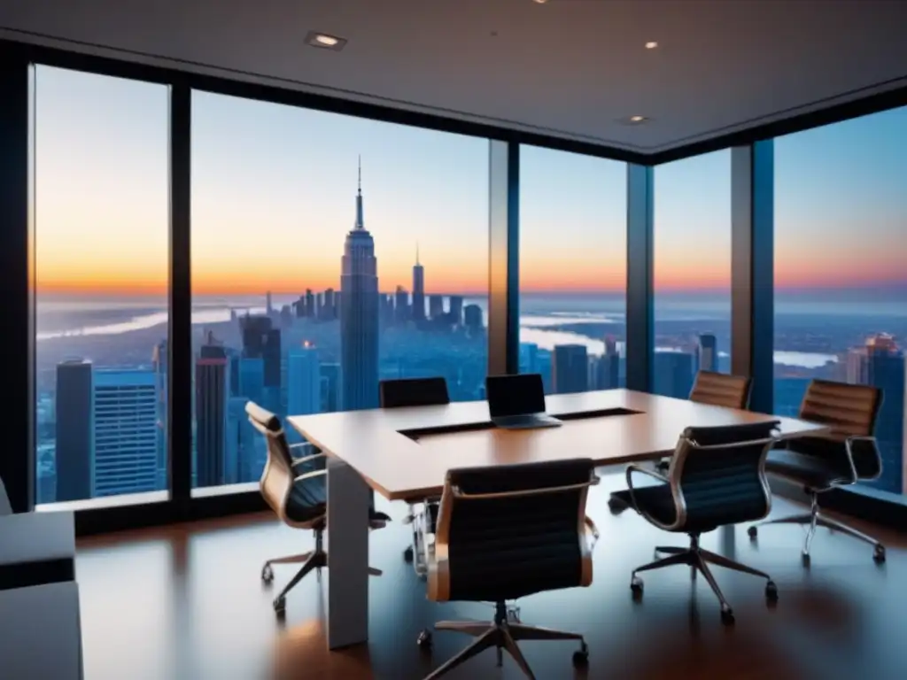Oficina de inversión inmobiliaria moderna con vista a la ciudad Oficina moderna con vista a la ciudad y mobiliario contemporáneo, mostrando cálculos de flujo de caja en inversiones inmobiliarias