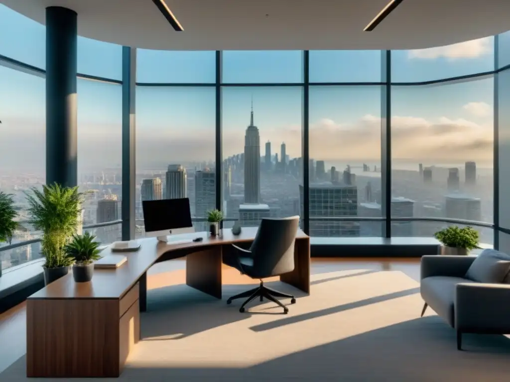 Oficina moderna con vista a la ciudad: diseño elegante y minimalista en 8k Oficina moderna con vista a la ciudad, mobiliario minimalista y plantas, ideal para estrategias de financiamiento inversiones inmobiliarias