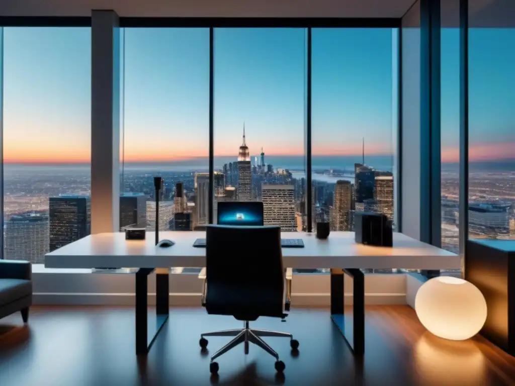 Oficina de lujo con vista a la ciudad: diseño moderno y elegante Oficina moderna con vista a la ciudad, muebles de diseño y arte abstracto