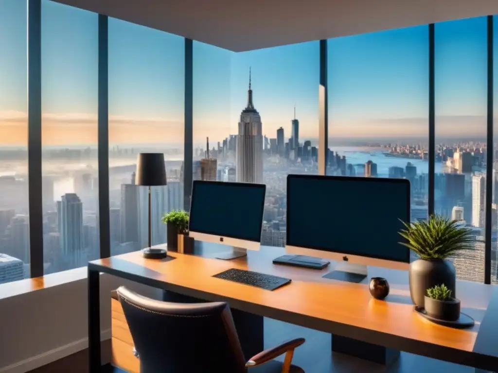 Oficina moderna con vistas a la ciudad: productividad y sofisticación Oficina moderna con vista a la ciudad, escritorio pulido con laptop y papeles financieros