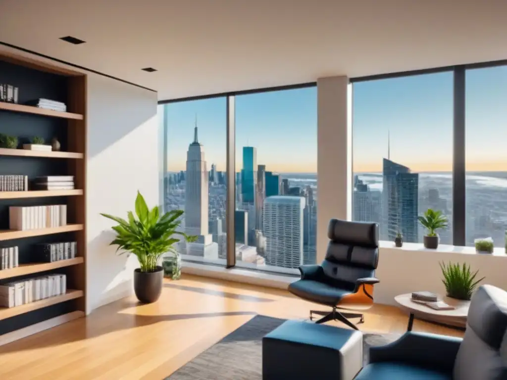 Oficina moderna con vista a la ciudad: estrategias inmobiliarias Oficina moderna con vista a la ciudad, muebles contemporáneos y libros de estrategia leaseback liberar capital
