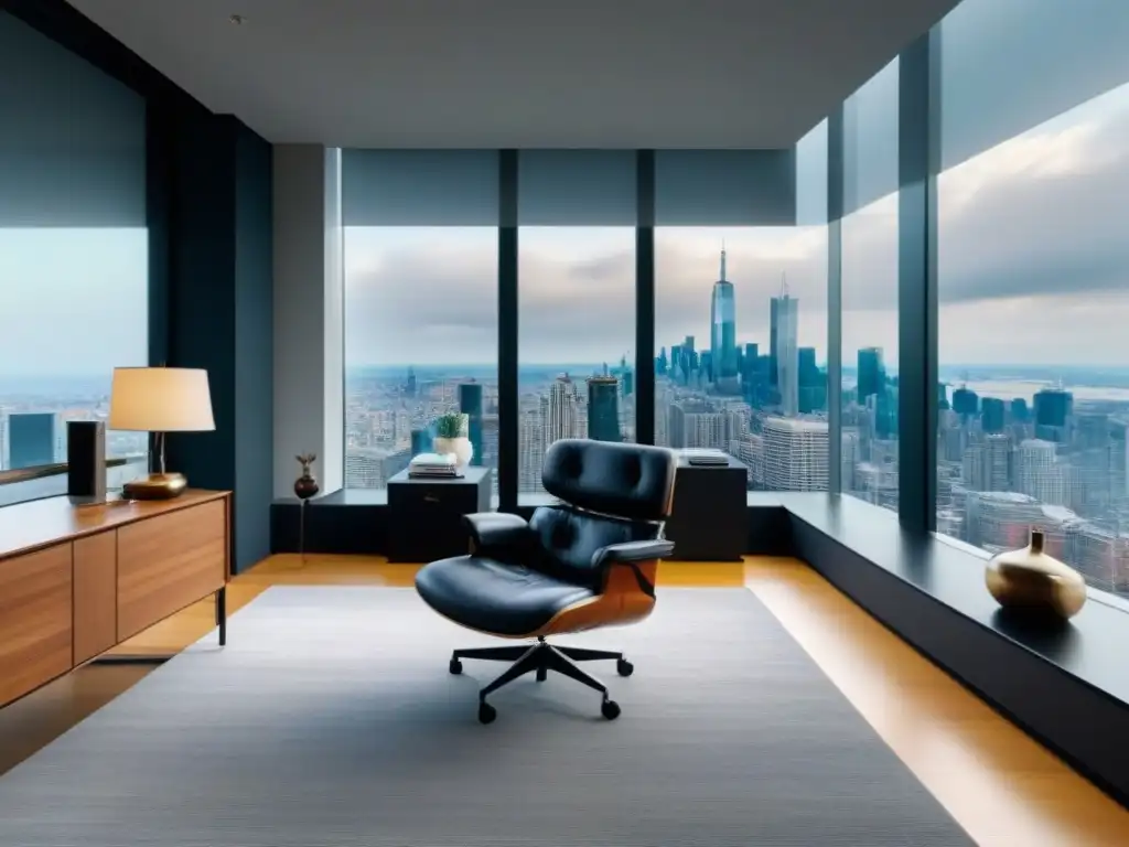 Oficina moderna con vista a la ciudad: lujo y sofisticación en 8k Oficina moderna con vista a la ciudad, elegante y sofisticada