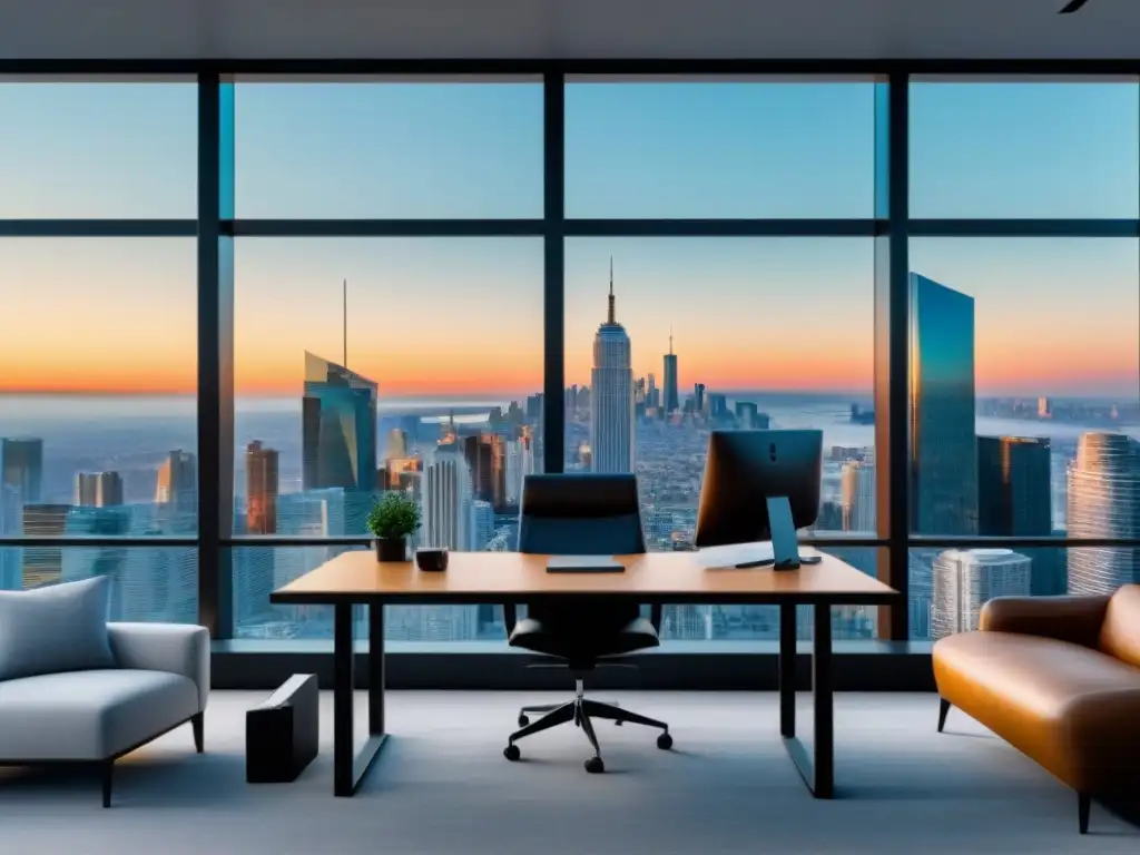 Oficina moderna para inversores: lujo y profesionalismo Oficina moderna con vista a la ciudad, escritorio minimalista y libros de inversión inmobiliaria