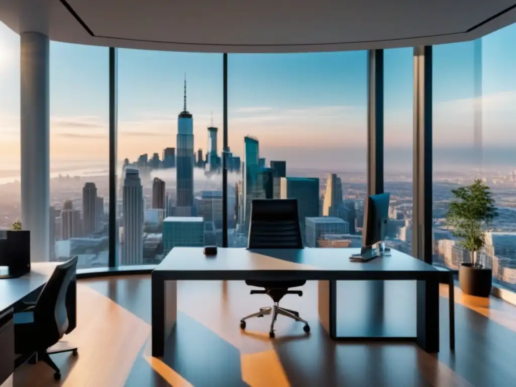 Oficina moderna con vista a la ciudad: análisis de Net Present Value Oficina moderna con vista a la ciudad, mobiliario minimalista y gráficos financieros