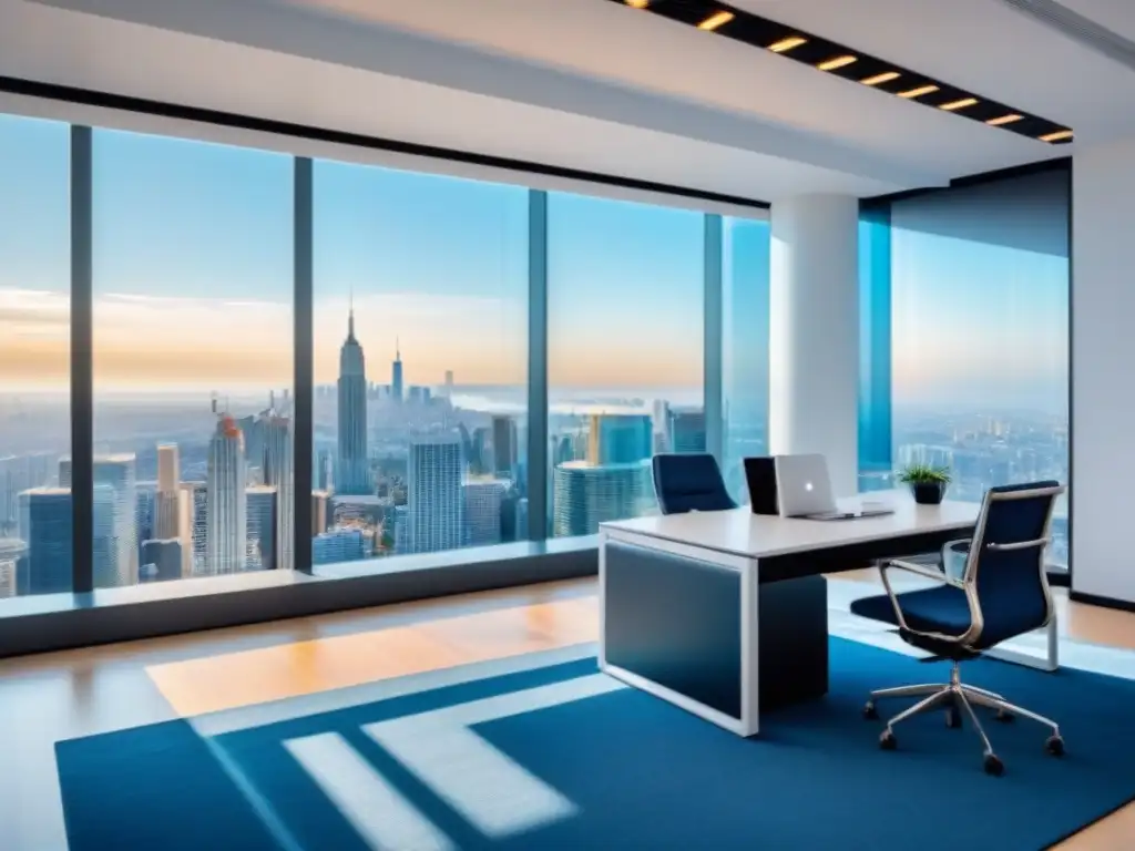 Oficina moderna e innovadora con vista panorámica de la ciudad Oficina moderna con vista a la ciudad, muebles contemporáneos y gadgets de alta tecnología