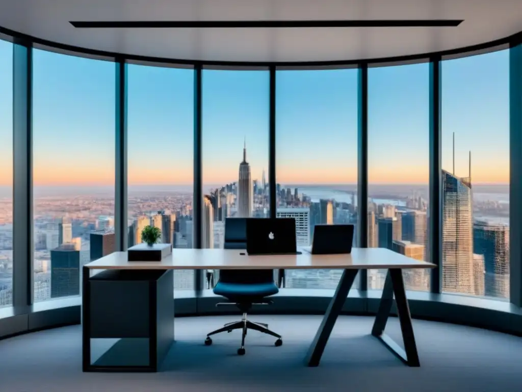 Oficina moderna con vista a la ciudad: análisis financiero y elegancia Oficina moderna con vista a la ciudad, muebles contemporáneos y análisis de portafolio inversión inmobiliaria