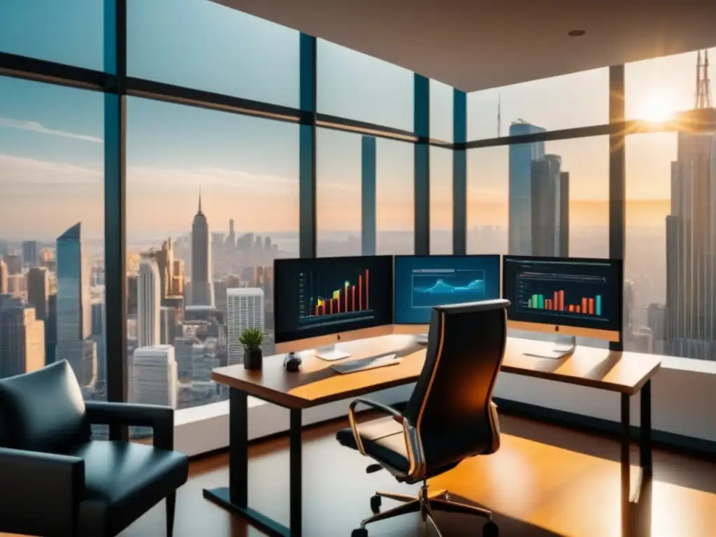 Oficina moderna con vista a la ciudad y elegante equipamiento Oficina moderna con vista a la ciudad, rebalanceo portafolio inmobiliario estacional