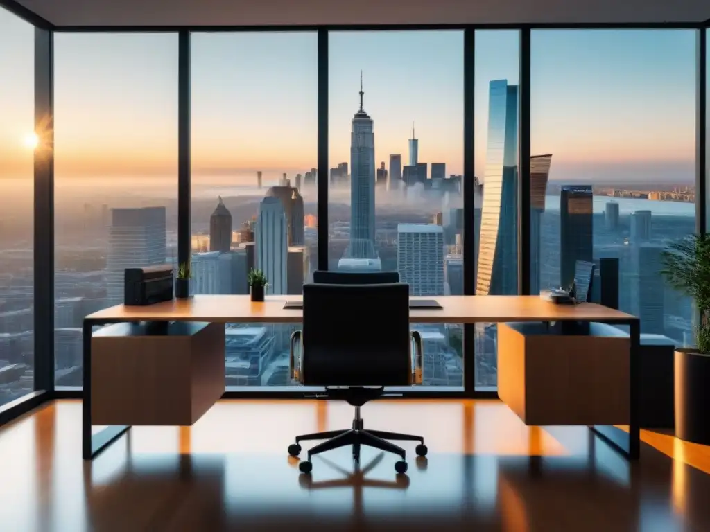 Oficina moderna con vista panorámica: análisis de carteras inmobiliarias Oficina moderna con vista a la ciudad, muebles minimalistas y tecnología avanzada