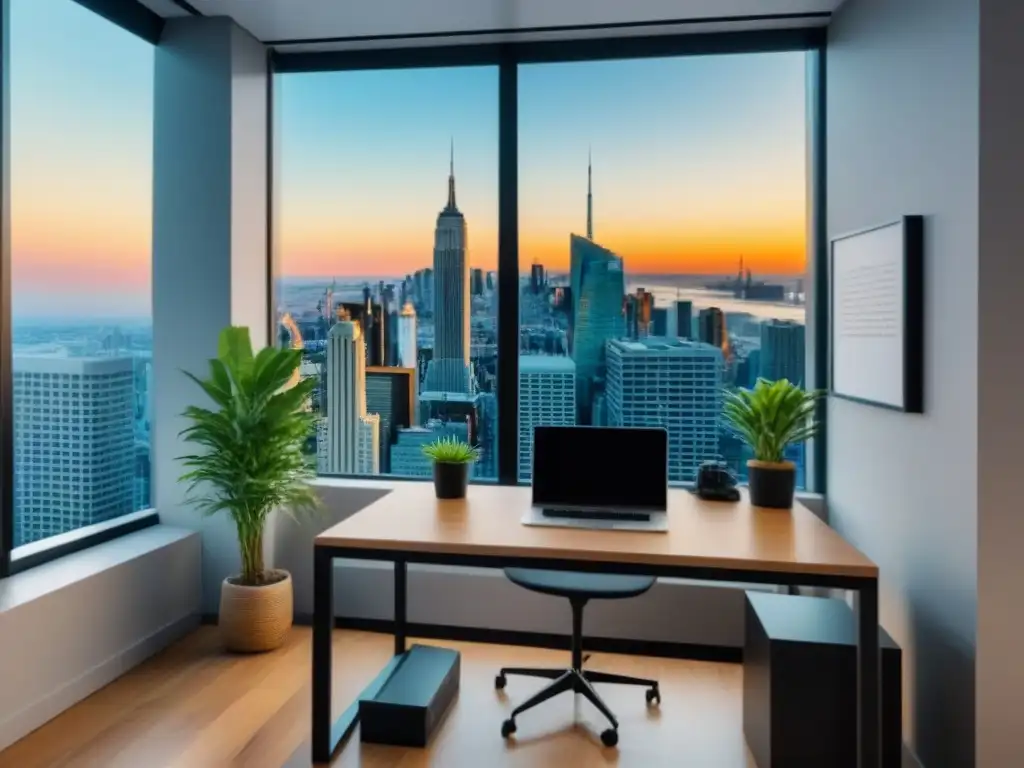 Oficina moderna con vista panorámica: inspiración para inversión inmobiliaria Oficina moderna con vista a la ciudad, escritorio contemporáneo y plantas