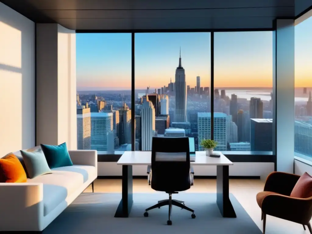 Oficina moderna de lujo con vista panorámica a la ciudad: 8k Una oficina moderna con vista a la ciudad, ideal para redes sociales para inversiones inmobiliarias