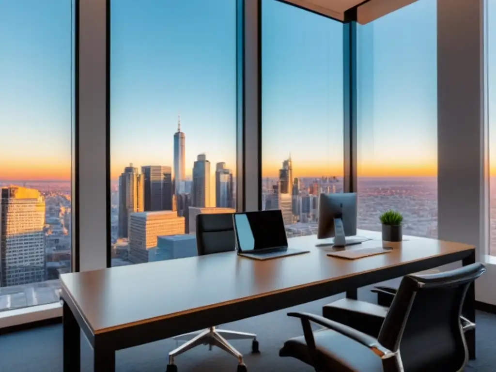 Oficina moderna con vista a la ciudad para invertir en bienes raíces Oficina moderna con vista a la ciudad, escritorio minimalista, libros de inversión inmobiliaria y análisis de redes sociales