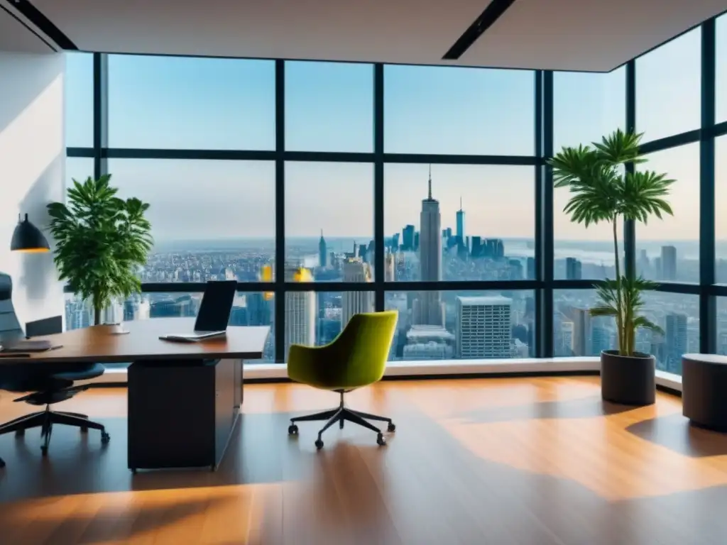Oficina moderna con vistas panorámicas en 8K Oficina moderna con vista a la ciudad, ideal para análisis de mercado inmobiliario avanzado