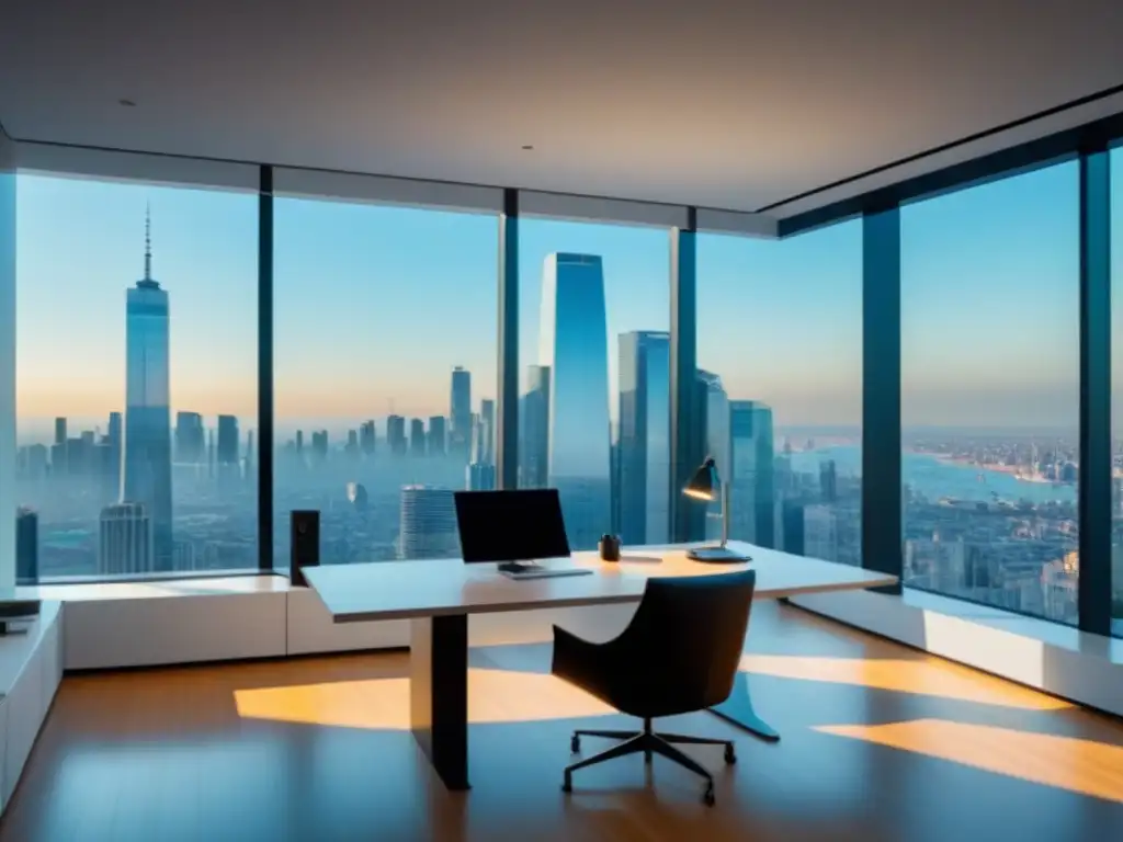 Oficina moderna de lujo con vista a la ciudad: 8k ultradetallada Oficina moderna con vista a la ciudad, muebles contemporáneos y gadgets de alta tecnología