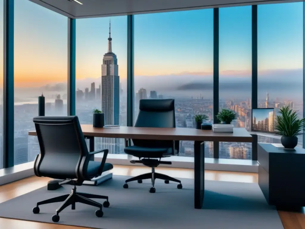 Oficina moderna de lujo con vista a la ciudad en 8k Oficina moderna con vista a la ciudad, mobiliario ergonómico y arte elegante, ideal para Conflictos de interés en bienes raíces