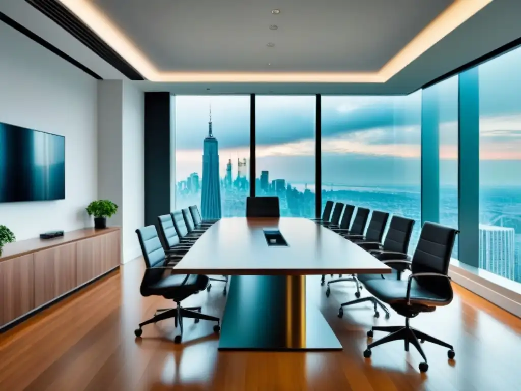Elegante sala de juntas con vista a la ciudad y tecnología avanzada Oficina moderna con vista a la ciudad, equipada para negociaciones inmobiliarias