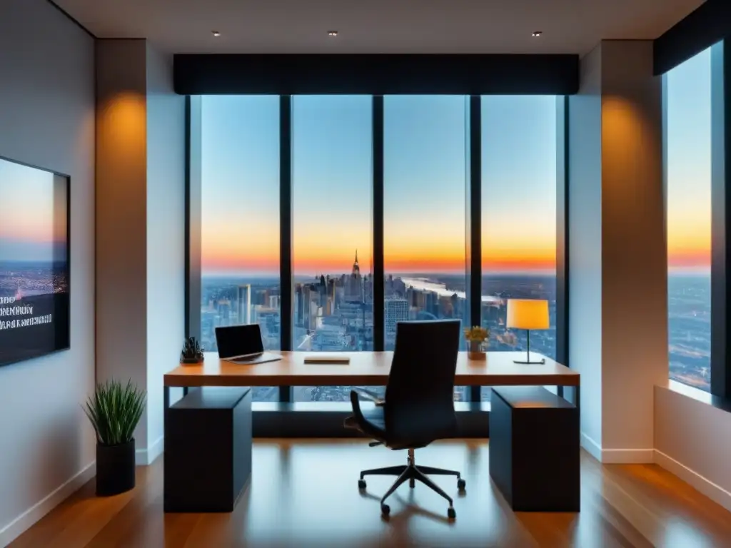 Oficina moderna con vista panorámica al atardecer Oficina moderna con vista a la ciudad al atardecer, reflejando la importancia ética en bienes raíces