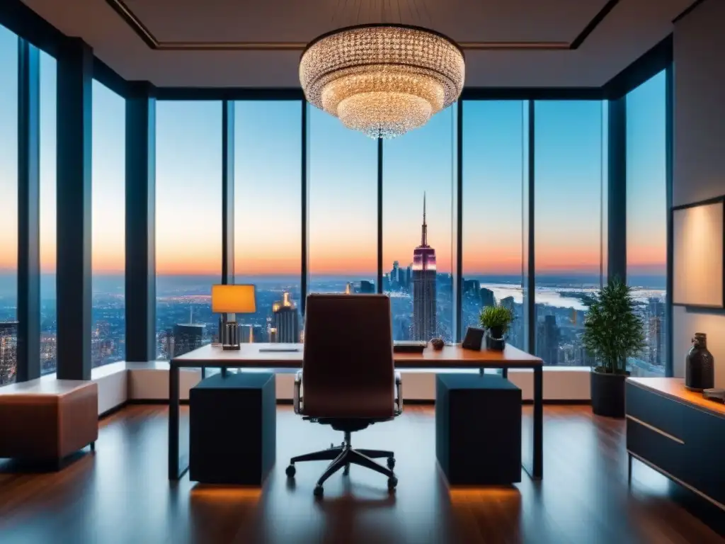 Oficina moderna con vista panorámica al atardecer Oficina moderna con vista a la ciudad al atardecer, ideal para estrategias de inversión inmobiliaria