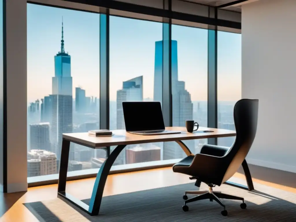Oficina moderna con vista a la ciudad y escritorio de vidrio Oficina moderna con vista a la ciudad en LinkedIn para networking inmobiliario