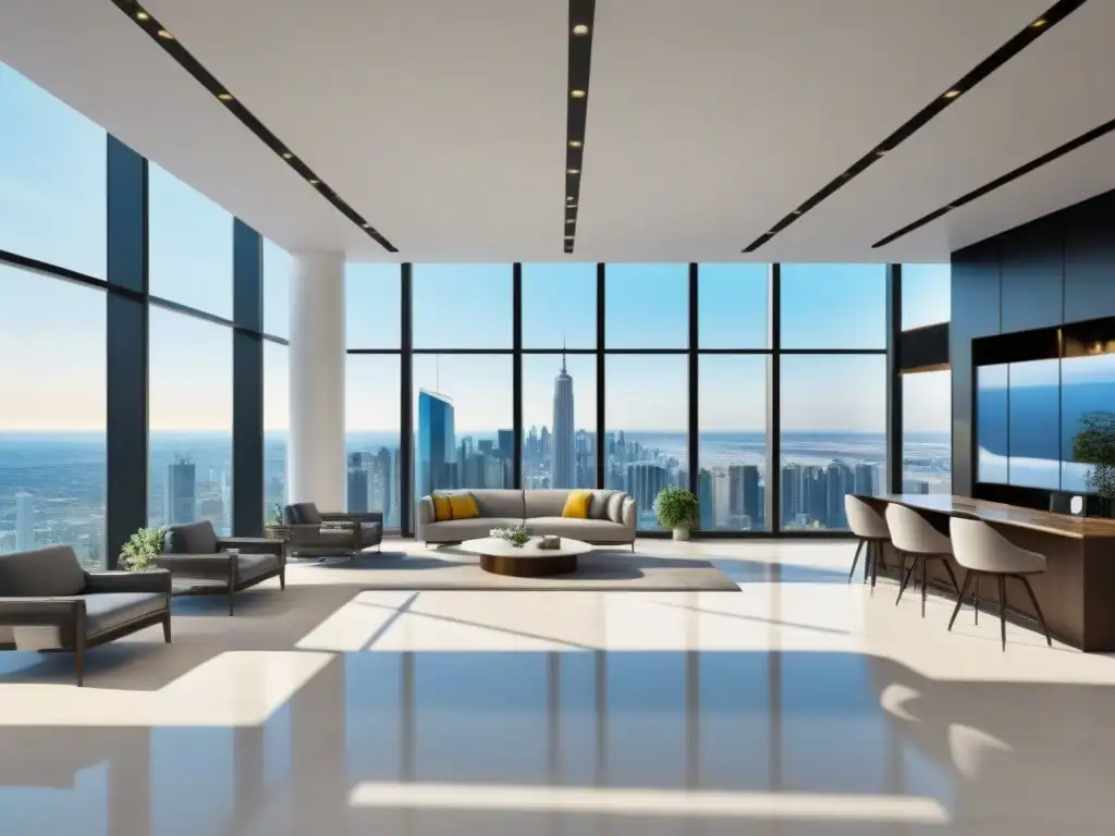 Lobby moderno con vista urbana y tecnología innovadora Oficina moderna con vista a la ciudad, elegante y profesional