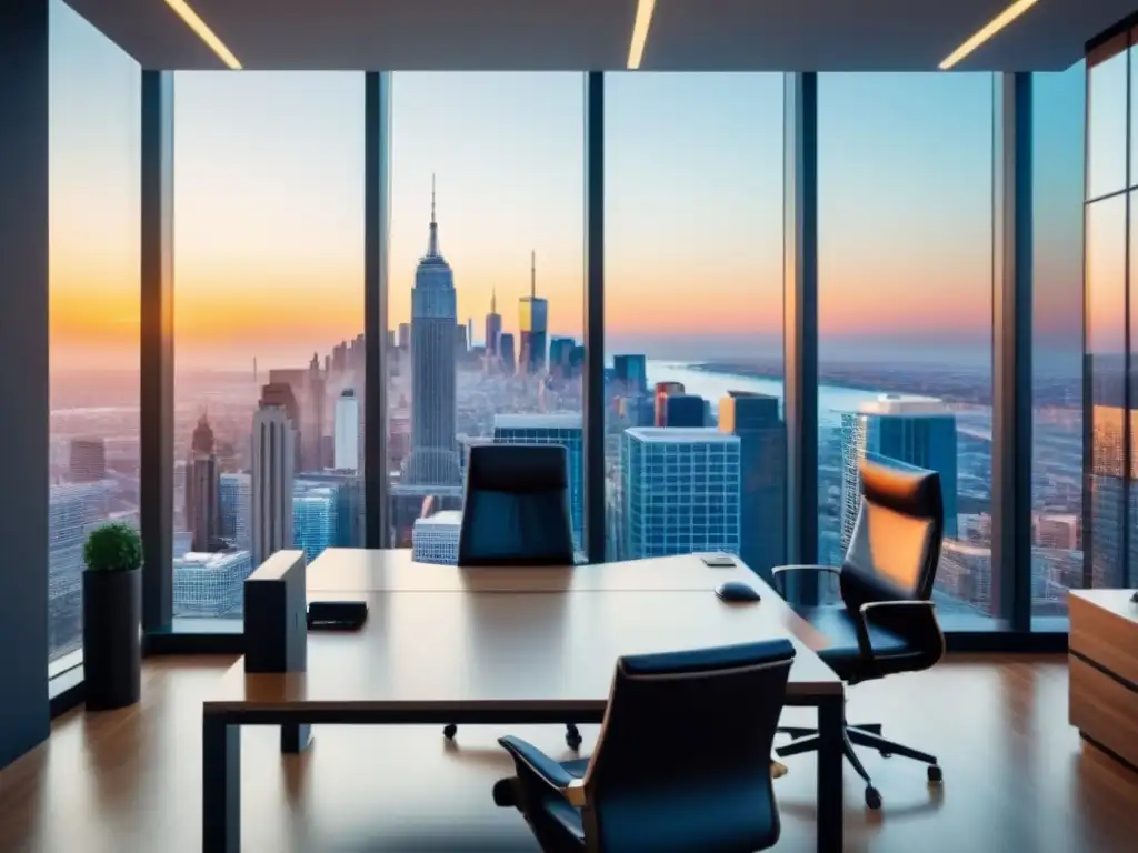 Oficina ejecutiva moderna con vista a la ciudad y datos financieros Oficina moderna con vista a la ciudad, muebles elegantes y pantalla digital mostrando gráficos de inversión inmobiliaria