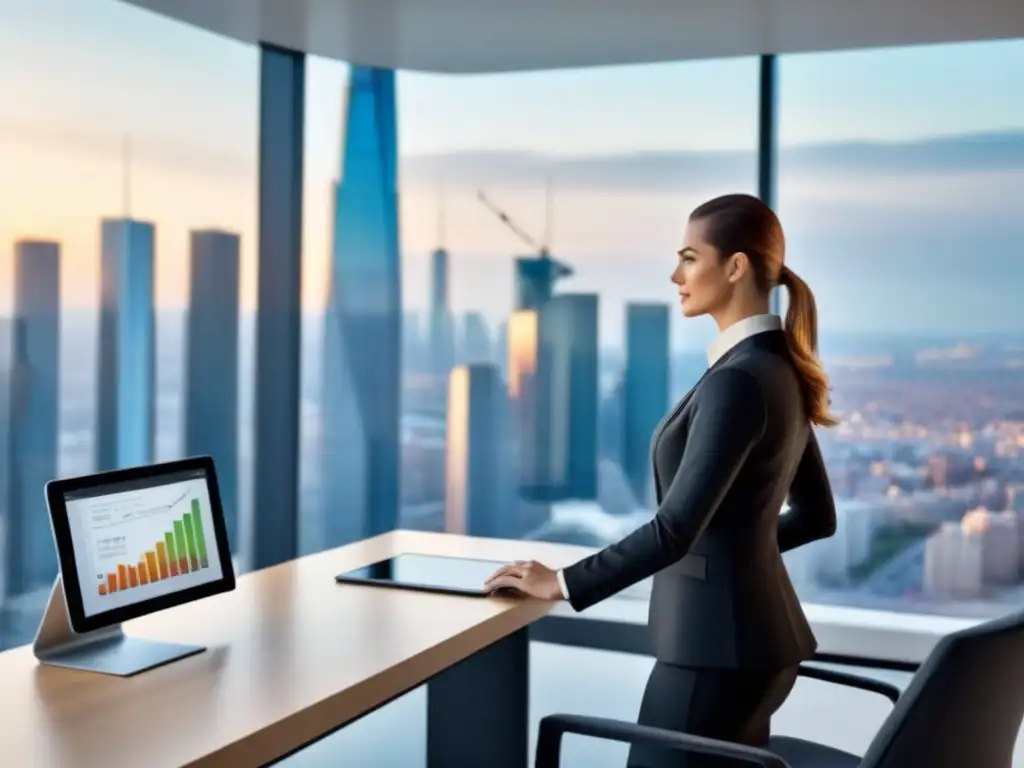 Oficina moderna con tecnología de valuación en tiempo real Oficina moderna con vista a la ciudad, muebles contemporáneos y tecnología de vanguardia