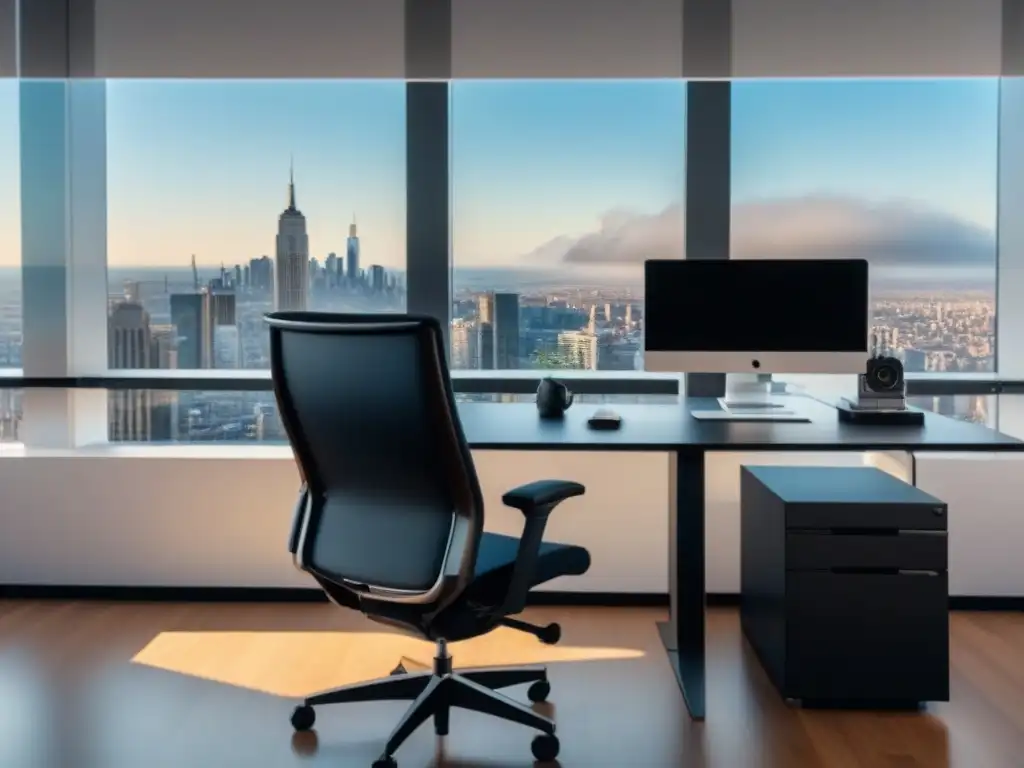 Oficina moderna con vista panorámica: elegancia y profesionalismo Oficina moderna con vista a la ciudad, mobiliario elegante y tecnología avanzada