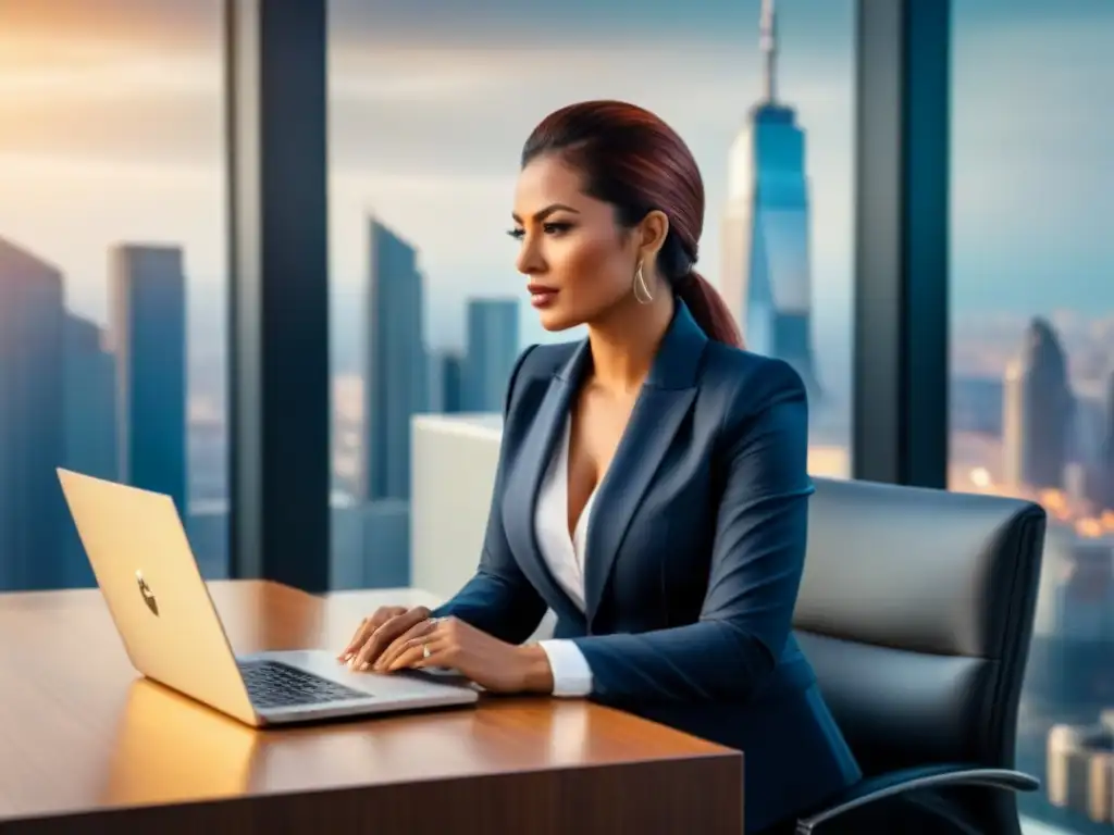 Oficina moderna de lujo con vista a la ciudad: mujer de negocios analiza inversiones inmobiliarias Oficina moderna con vista a la ciudad, mujer analizando gráficos de inversiones inmobiliarias corto vs largo plazo