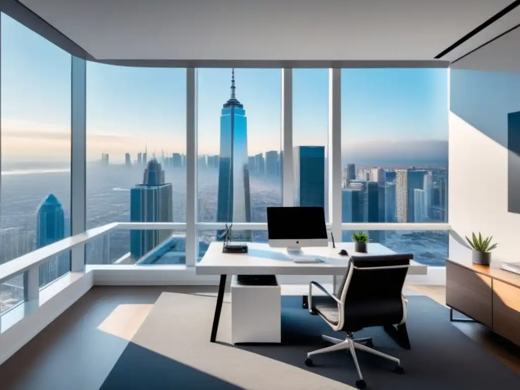Oficina moderna en la ciudad: diseño elegante y tecnología de vanguardia Oficina moderna con vista a la ciudad, mobiliario contemporáneo y gadgets de alta tecnología