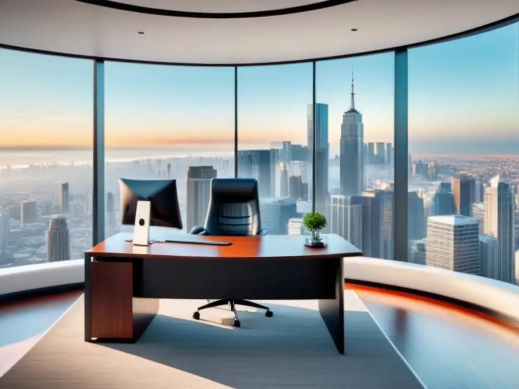 Oficina moderna 8k con vistas a la ciudad para inversiones inmobiliarias Oficina moderna con vista a la ciudad, diseño minimalista y gráficos de inversión inmobiliaria pasiva estrategias avanzadas